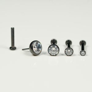 20G, 18G, 16G Black Bezel CZ Threadless Flat Back Stud, Bezel Earring, Cartilage Piercing, Titanium, Tragus, Helix, Push In, I2