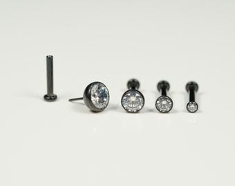 Pendiente de botón con bisel negro de circonita cúbica, sin rosca, con parte trasera plana, de titanio, para cartílago, trago y hélix, a presión, I2, 20 g, 18 g y 16 g