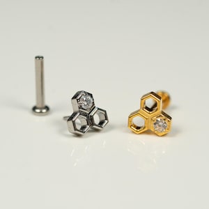 20G, 18G, 16G Gold Silver Triple Honeycomb, Threadless Flat Back Stud, Flat Back Cartilage, Tragus Piercing, Conch Stud, Helix Stud, U16