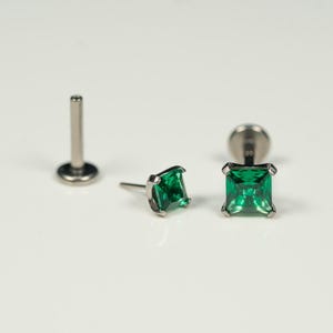 20G, 18G, 16G Green Square CZ Threadless Flat Back Stud, Flat Back Earring, Cartilage Piercing, Titanium, Tragus, Helix, Push In, AA4