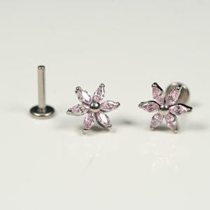20G, 18G, 16G Pink Marquise Flower, Threadless Flat Back Stud, Flat Back Cartilage Earring, Tragus Piercing, Conch Stud, Helix Stud, R6