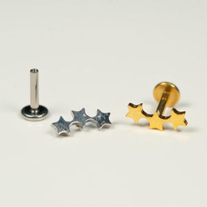 16G Triple Star Flat Back Stud, Brincos de Parafuso, Rosca Interna, Brinco de Cartilagem, Brinco de Concha, Hélice, Tragus, Ouro, Prata AC23
