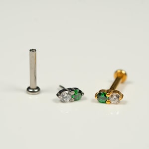 20G, 18G, 16G Gold Silver Double Stud Green, Threadless Flat Back Stud, Flat Back Cartilage, Tragus Piercing, Conch Stud, Helix Stud, X31
