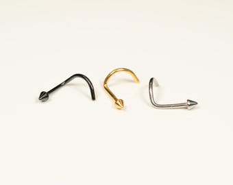 20G, 18G winzige Spike Bolzen Nasenring Nasenstecker Nase Schraube Korkenzieher ZurückImplantation Grade Titan Gold Schwarz Silber Nasenloch Schmuck F14
