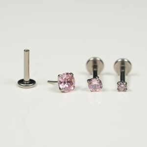 20G, 18G, 16G Pink CZ Threadless Flat Back Stud, Flat Back Earring, Cartilage Stud Piercing, Titanium, Tragus, Helix, Push In, I1