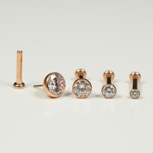 20G, 18G, 16G Rose Gold Bezel CZ Threadless Flat Back Stud, Bezel Earring, Cartilage Piercing, Titanium, Tragus, Helix, Push In, I2