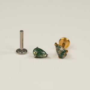 16G Moss Agate Pear Flat Back Stud, Screw Back Earrings, Titanium Stud, Cartilage Earring, Conch Earring, Helix, Tragus, Gold, Silver AE13