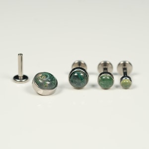 16G Moss Agate Flat Back Stud, Screw Back Earrings, Internally Threaded, Cartilage Earring, Conch Earring, Helix, Tragus, Gold, Silver AC17