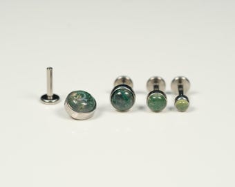 16G モスアゲート フラットバックスタッド、スクリューバックイヤリング、内ねじ、軟骨イヤリング、コンクイヤリング、ヘリックス、トラガス、ゴールド、シルバー AC17