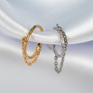 16G Dangle Chain Septum Ring, Titanium Clicker Hoop, Nose Ring, Daith Hoop, Septum Piercing, Cartilage Hoop, Helix Hoop, Hinged Segment W8
