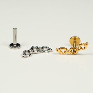 16G Curved Bar Chain Flat Back Stud, Screw Back Earrings, Internally Threaded, Cartilage, Conch Earring, Helix, Tragus, Gold, Silver AB7