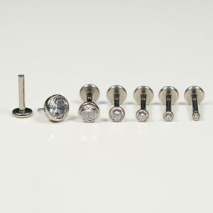 20G, 18G, 16G Silver Bezel CZ Threadless Flat Back Stud, Bezel Earring, Cartilage Piercing, Titanium, Tragus, Helix, Push In, I2