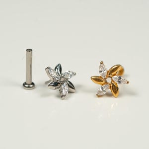 20G, 18G, 16G Gold Silver Marquise Flower, Threadless Flat Back Stud, Flat Back Cartilage, Tragus Piercing, Conch Stud, Helix Stud, AA1