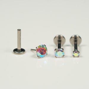 20G, 18G, 16G Aurora Borealis CZ Threadless Flat Back Stud, Flat Back Earring, Cartilage Stud Piercing, Titanium, Tragus, Helix, Push In, I1