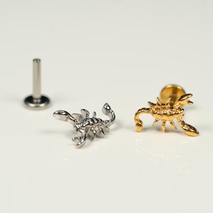 16G Scorpion Flat Back Stud, Screw Back Earrings, Internally Threaded, Cartilage Earring, Conch Earring, Helix, Tragus, Gold, Silver AB10