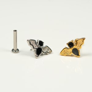 20G, 18G, 16G Gold Silver Black Bat, Threadless Flat Back Stud, Flat Back Cartilage, Tragus Piercing, Conch Stud, Helix Stud, V30