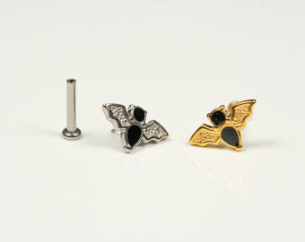 20G, 18G, 16G Gold Silber Schwarze Fledermaus, fadenloser Bolzen mit flacher Rückseite, Knorpel, Tragus Piercing, Conch Bolzen, Helix Bolzen, V30