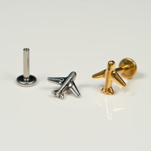 16G Airplane Flat Back Stud, Screw Back Earrings, Internally Threaded, Cartilage Earring, Conch Earring, Helix, Tragus, Gold, Silver AC11
