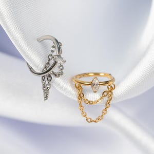 16G Marquise Dangle Chain Conch Ring, Titanium Clicker Hoop, Helix Hoop, Septum Piercing, Cartilage Hoop, Helix Earring, Hinged Segment V12