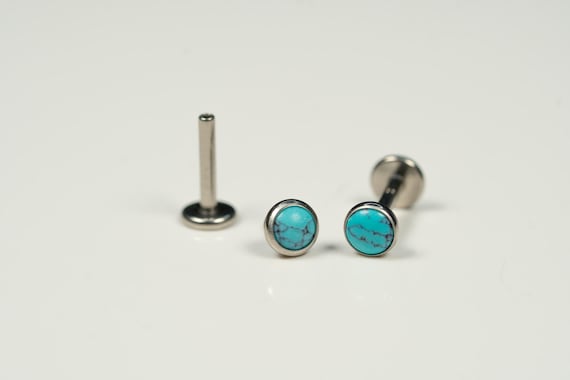 20G, 18G, 16G Turquoise Natural Stone, Threadless Flat Back Stud, Flat Back Cartilage Earring, Tragus Piercing, Conch Stud, Helix Stud, R14
