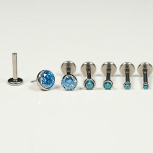 20G, 18G, 16G Aqua Blue Bezel CZ Threadless Flat Back Stud, Bezel Earring, Cartilage Piercing, Titanium, Tragus, Helix, Push In, I2