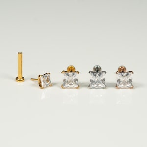20G, 18G, 16G Gold Silver Square CZ Threadless Flat Back Stud, Flat Back Earring, Cartilage Piercing, Titanium, Tragus, Helix, Push In, AA4