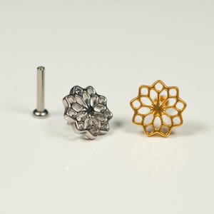 20G, 18G, 16G Gold Silver Lotus Flower, Threadless Flat Back Stud, Flat Back Cartilage, Tragus Piercing, Conch Stud, Helix Stud, S30