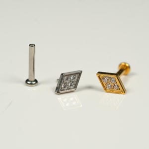 20G, 18G, 16G Gold Silver Diamond Rhombus, Threadless Flat Back Stud, Flat Back Cartilage, Tragus Piercing, Conch Stud, Helix Stud, V1