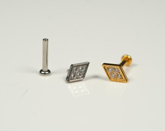20G, 18G, 16G Gold Silver Diamond Rhombus, Threadless Flat Back Stud, Flat Back Cartilage, Tragus Piercing, Conch Stud, Helix Stud, V1