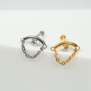 20G, 18G, 16G Gold Silver Curved Bar Dangle Chain, Threadless Flat Back Stud, Flat Back Cartilage, Floating Helix, Helix Stud, W18