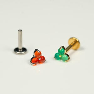 16G Triple Stone Flat Back Stud, Screw Back Earring, Green Aventurine, Red Carnelian , Cartilage, Conch, Helix, Tragus, Gold, Silver AC36