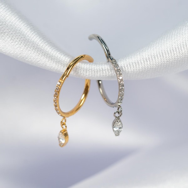 16G Marquise Dangle Helix Ring, Titanium Clicker Hoop, Nose Ring, Daith Hoop, Septum Piercing, Cartilage Hoop, Helix Hoop, Hinged Segment W9