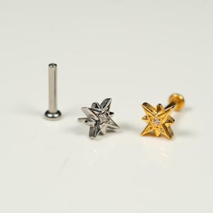 20G, 18G, 16G Gold Silber Nordstern, fadenloser Bolzen mit flacher Rückseite, Knorpel, Tragus Piercing, Conch Bolzen, Helix Bolzen, S33