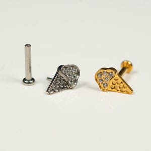 20G, 18G, 16G Gold Silber Eistüte, fadenloser Bolzen mit flacher Rückseite, Knorpel, Tragus Piercing, Conch Bolzen, Helix Bolzen, V25