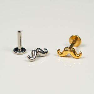 16G Mustache Flat Back Stud, Screw Back Earrings, Internally Threaded, Cartilage Earring, Conch Earring, Helix, Tragus, Gold, Silver AC27