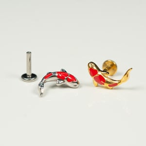 16G Koi Fish Flat Back Stud, Screw Back Earrings, Internally Threaded, Cartilage Earring, Conch Earring, Helix, Tragus, Gold, Silver AD1