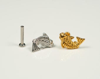 20G, 18G, 16G Gold Silver Koi Fish, Threadless Flat Back Stud, Flat Back Cartilage, Tragus Piercing, Conch Stud, Helix Stud, X8