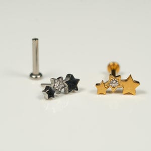 20G, 18G, 16G Ouro Prata Tripla Estrela, Pino de Costas Planas Sem Rosca, Cartilagem de Costas Planas, Piercing Tragus, Pino Conch, Pino Hélice, AA17