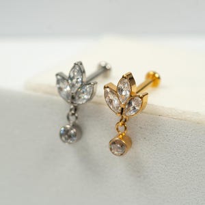 20G, 18G, 16G Gold Silver Triple Marquise Leaf Dangle, Threadless Flat Back Stud, Flat Back Cartilage, Tragus Piercing, Helix Stud, S13