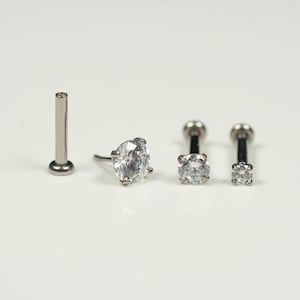 20G, 18G, 16G Silver CZ Threadless Flat Back Stud, Flat Back Earring, Cartilage Stud Piercing, Titanium, Tragus, Helix, Push In, I1