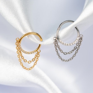 16G Dangle Chain Septum Ring, Titanium Clicker Hoop, Nose Ring, Daith Hoop, Septum Piercing, Cartilage Hoop, Helix Hoop, Hinged Segment V10