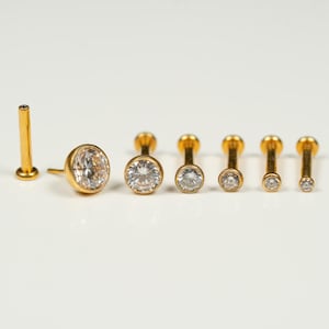 20G, 18G, 16G Gold Bezel CZ Threadless Flat Back Stud, Bezel Earring, Cartilage Piercing, Titanium, Tragus, Helix, Push In, I2