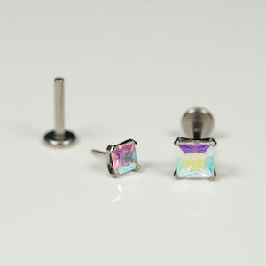 20G, 18G, 16G Aurora Borealis Square CZ Threadless Flat Back Stud, Earring, Cartilage Piercing, Titanium, Tragus, Helix, Push In, AA4