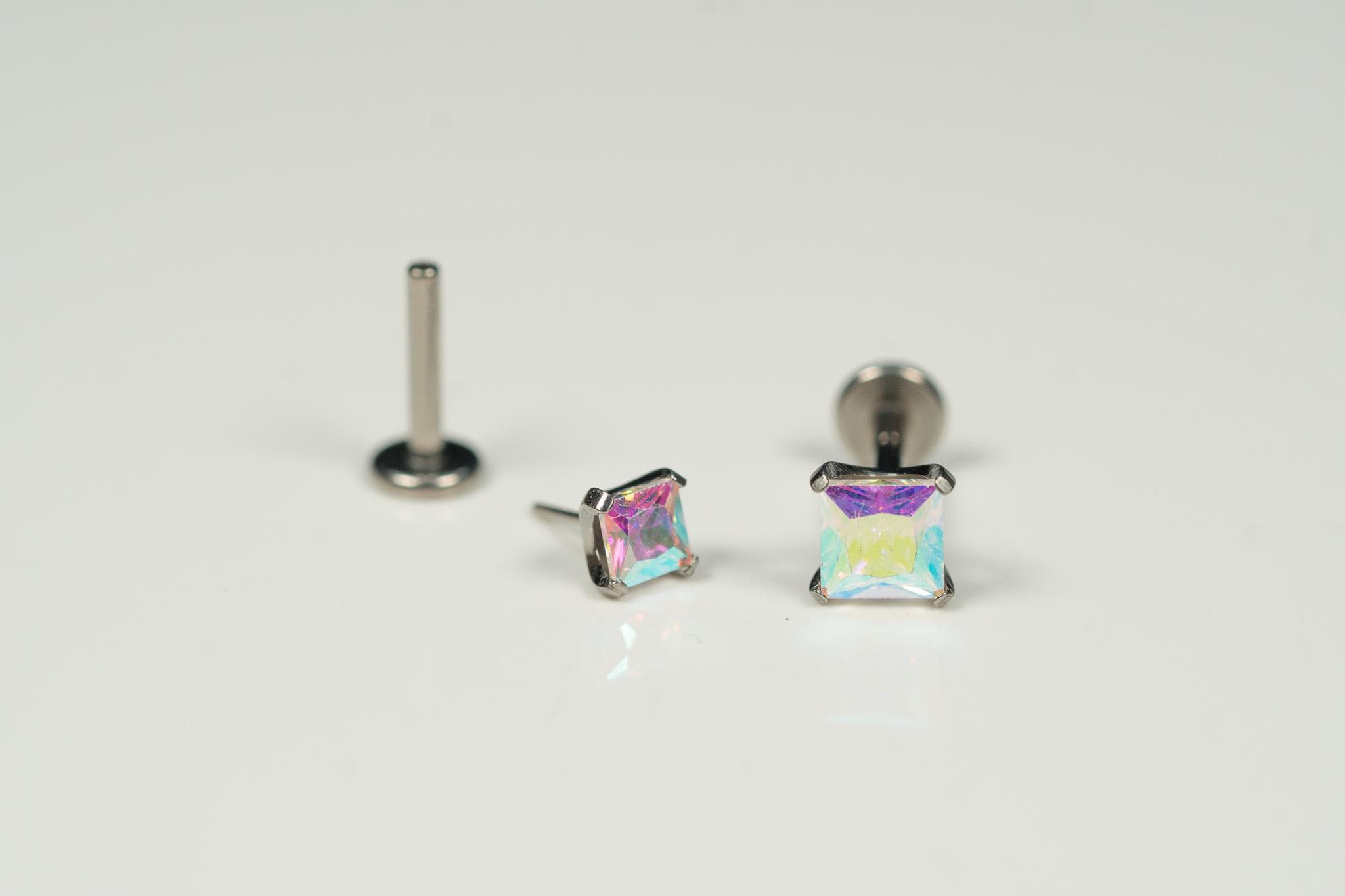 20G, 18G, 16G Aurora Borealis Square CZ Threadless Flat Back Stud, Earring, Cartilage Piercing, Titanium, Tragus, Helix, Push In, AA4