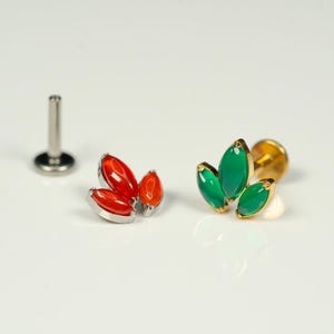 16G Triple Marquise Flat Back Stud, Screw Back Earring, Green Aventurine, Red Carnelian , Cartilage, Conch, Helix, Tragus, Gold, Silver AD2