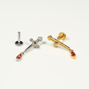 16G Sword Marquise Dangle Flat Back Stud, Ohrringe mit Innengewinde, Knorpel, Muschel, Helix, Tragus, Gold, Silber AB4