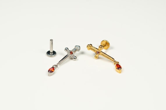 16G Sword Marquise Dangle Flat Back Stud, Screw Back Earrings, Internally Threaded, Cartilage, Conch, Helix, Tragus, Gold, Silver AB4