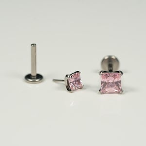 20G, 18G, 16G Pink Square CZ Threadless Flat Back Stud, Flat Back Earring, Cartilage Piercing, Titanium, Tragus, Helix, Push In, AA4