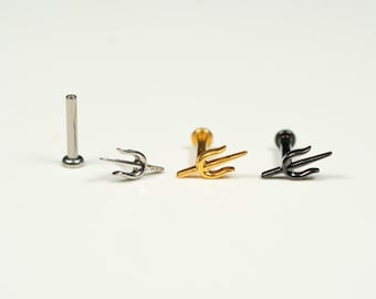 20G, 18G, 16G Trident, Threadless Flat Back Stud, Flat Back Cartilage, Tragus Piercing, Conch Stud, Helix Stud, Gold, Silver, Black, T16