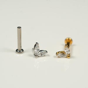 20G, 18G, 16G Gold Silver Double Marquise, Threadless Flat Back Stud, Flat Back Cartilage, Tragus Piercing, Conch Stud, Helix Stud, X30
